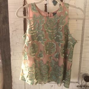 Anthropologie Floral Metallic Lace Top